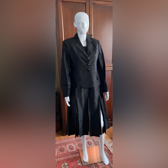 Shiny black silk long pleated dress with slits and short blazer 2 Pc suit US 12 - Picture 9 of 16
